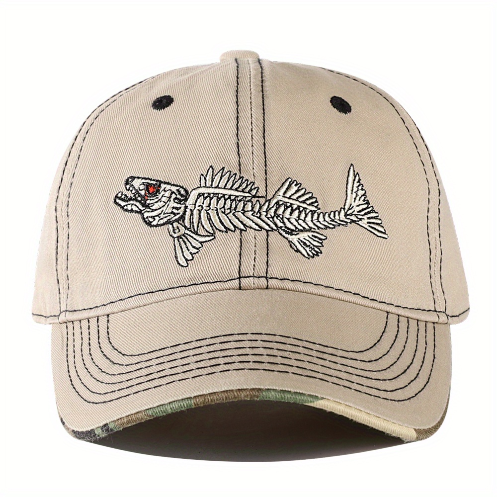 New Firm 3D Fishbone Embroidered Baseball Cap Men's Wide Brim Fishing Hiking Climbing Hunting Unisex Breathable Four_voghion.com