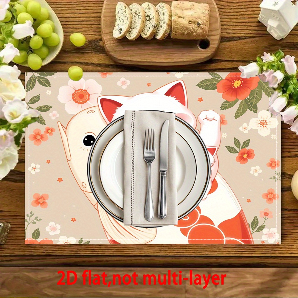 Anime-Inspired 2D Flat Placemats - Cute White Cat & Goldfish Design With Cherry Blossoms, Characters, Durable Rectangular Table Mats For Christmas_voghion.com