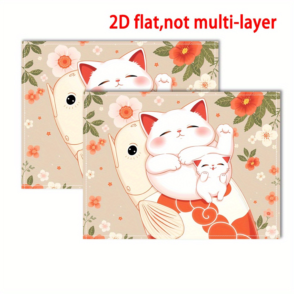 Anime-Inspired 2D Flat Placemats - Cute White Cat & Goldfish Design With Cherry Blossoms, Characters, Durable Rectangular Table Mats For Christmas_voghion.com