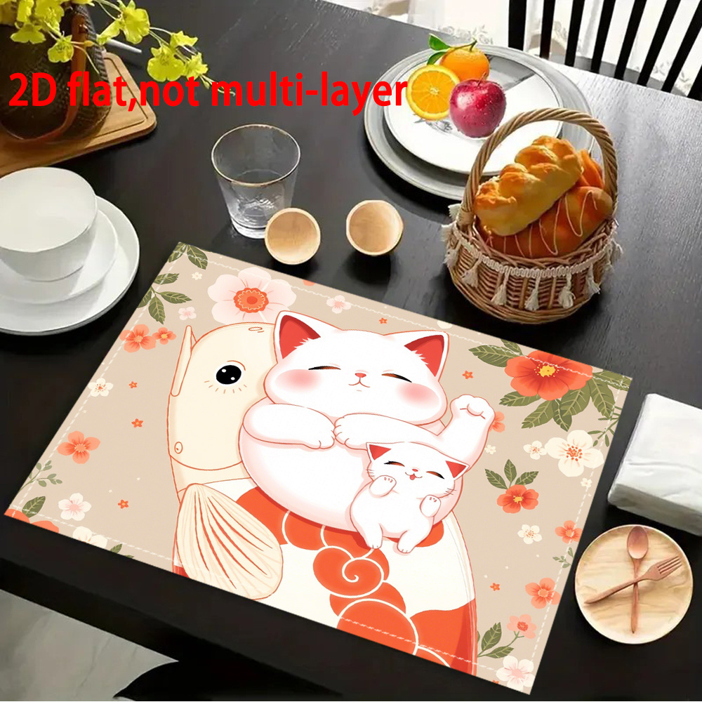 Anime-Inspired 2D Flat Placemats - Cute White Cat & Goldfish Design With Cherry Blossoms, Characters, Durable Rectangular Table Mats For Christmas_voghion.com