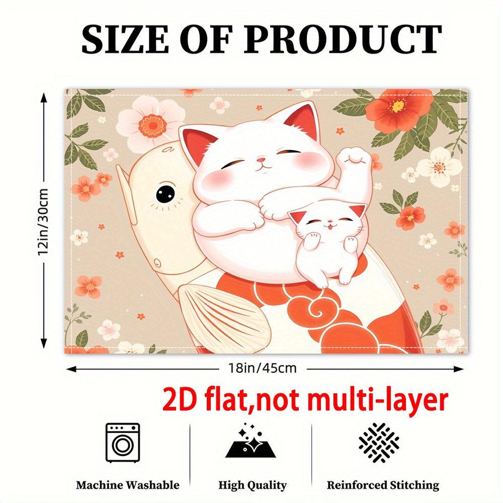 Anime-Inspired 2D Flat Placemats - Cute White Cat & Goldfish Design With Cherry Blossoms, Characters, Durable Rectangular Table Mats For Christmas_voghion.com