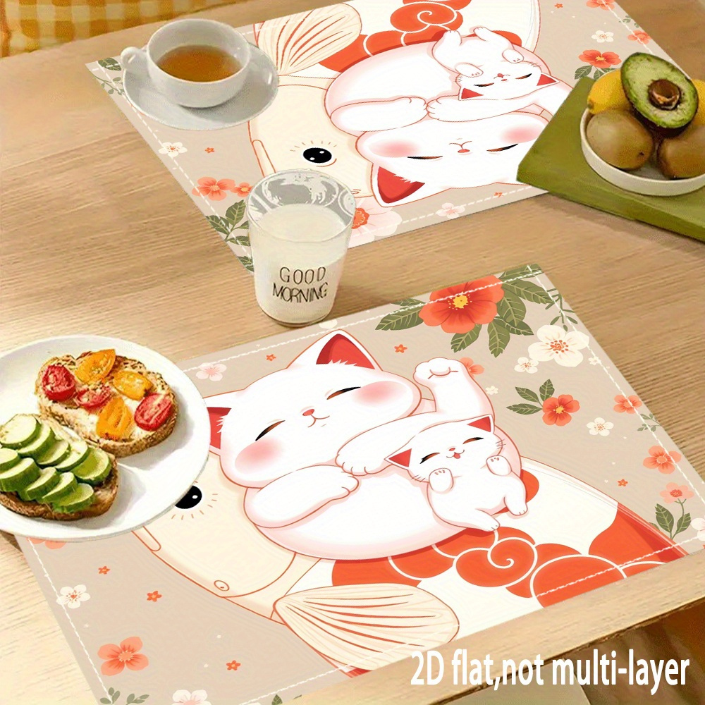 Anime-Inspired 2D Flat Placemats - Cute White Cat & Goldfish Design With Cherry Blossoms, Characters, Durable Rectangular Table Mats For Christmas_voghion.com