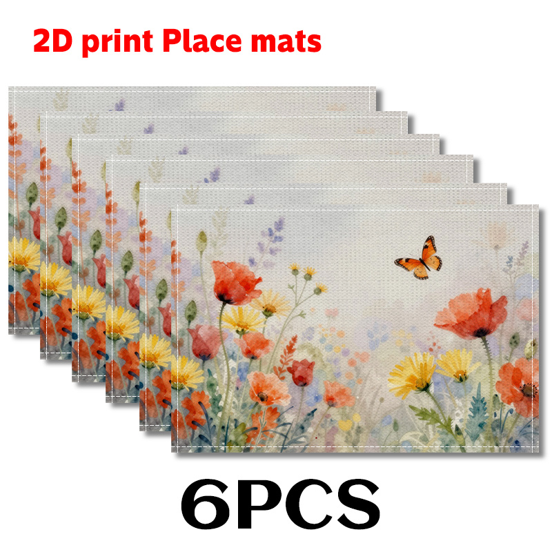 Lot de 2/4/6 sets de table printaniers (impression 2D) représentant des papillons virevoltant parmi des parterres de fleurs, mesurant 29,97 x 44,96 cm. Un set de table élégant._voghion.com