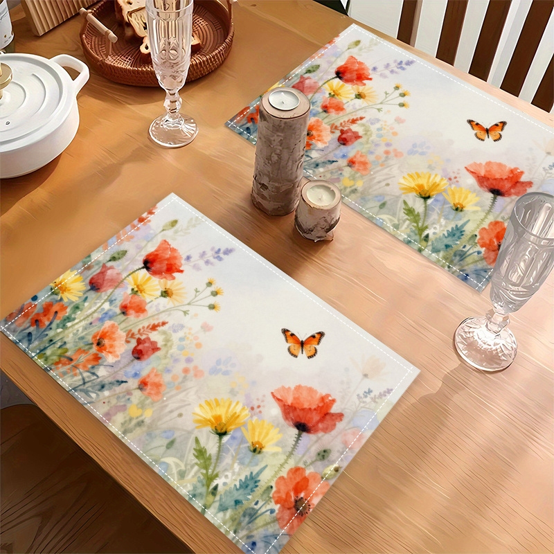 Lot de 2/4/6 sets de table printaniers (impression 2D) représentant des papillons virevoltant parmi des parterres de fleurs, mesurant 29,97 x 44,96 cm. Un set de table élégant._voghion.com