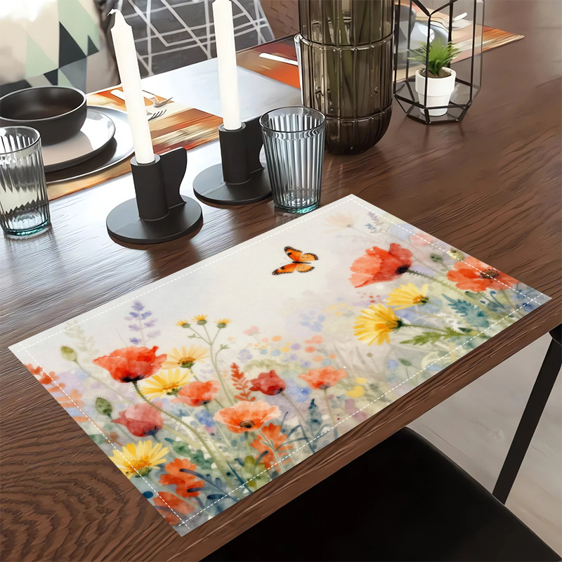Lot de 2/4/6 sets de table printaniers (impression 2D) représentant des papillons virevoltant parmi des parterres de fleurs, mesurant 29,97 x 44,96 cm. Un set de table élégant._voghion.com