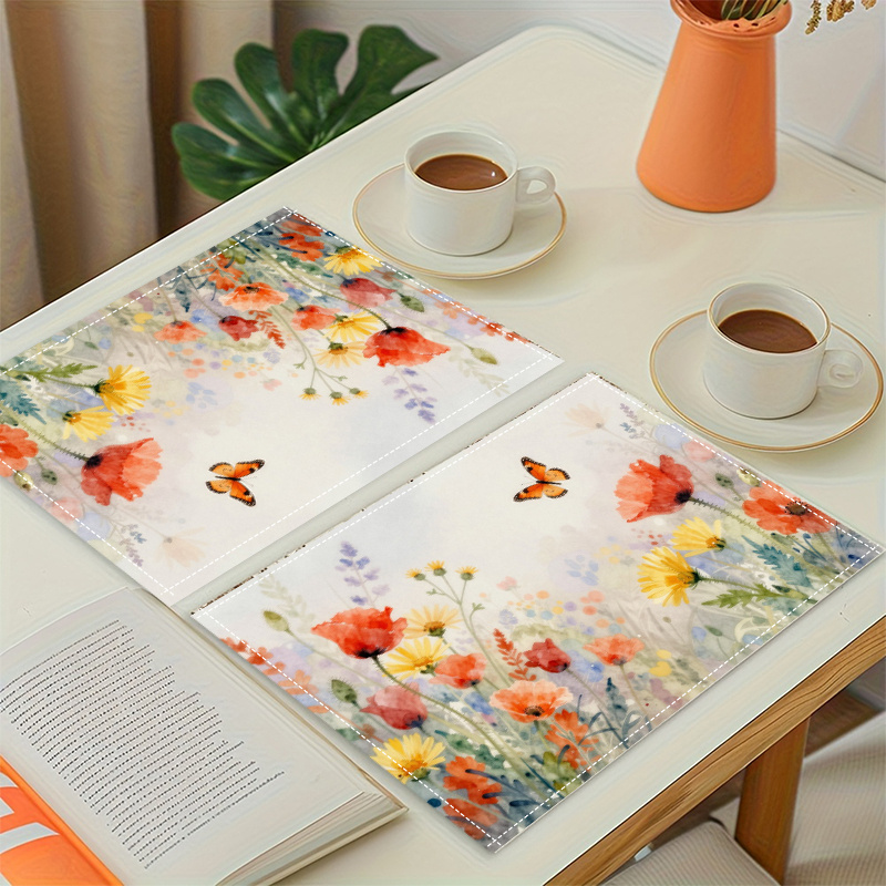 Lot de 2/4/6 sets de table printaniers (impression 2D) représentant des papillons virevoltant parmi des parterres de fleurs, mesurant 29,97 x 44,96 cm. Un set de table élégant._voghion.com