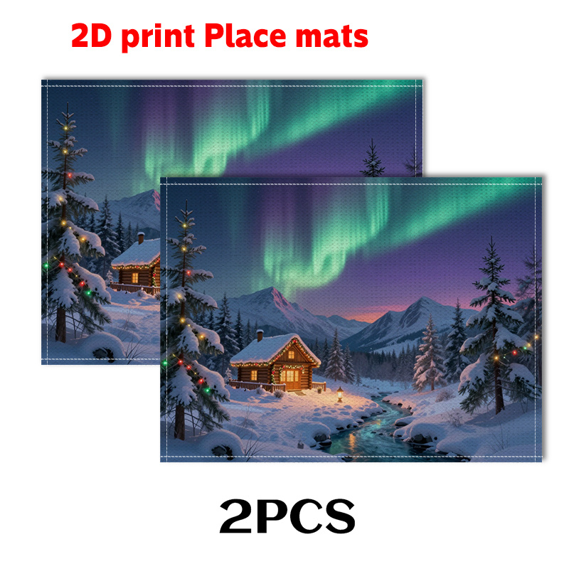 2 stuks/4 stuks/6 stuks placemats met sneeuwhut en noorderlicht - Winterthema tafeldecoratie, geschikt voor een moderne eetkamer of Scandinavische tafelsetting. Handwasbaar._voghion.com