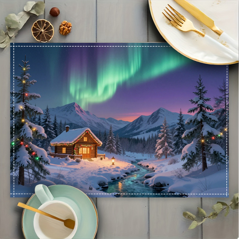 2 stuks/4 stuks/6 stuks placemats met sneeuwhut en noorderlicht - Winterthema tafeldecoratie, geschikt voor een moderne eetkamer of Scandinavische tafelsetting. Handwasbaar._voghion.com