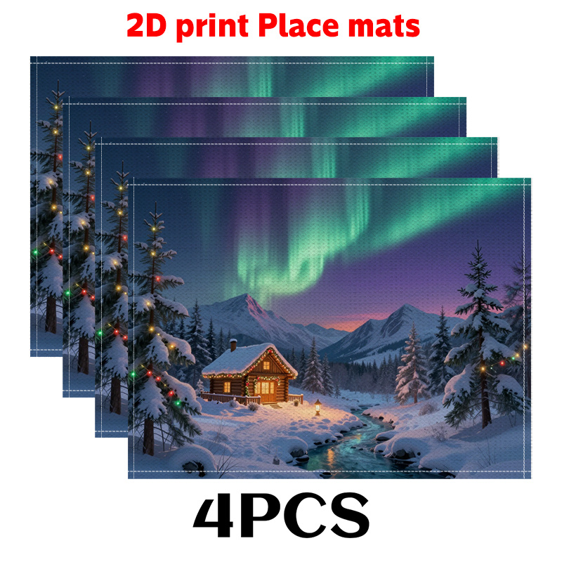 2 stuks/4 stuks/6 stuks placemats met sneeuwhut en noorderlicht - Winterthema tafeldecoratie, geschikt voor een moderne eetkamer of Scandinavische tafelsetting. Handwasbaar._voghion.com