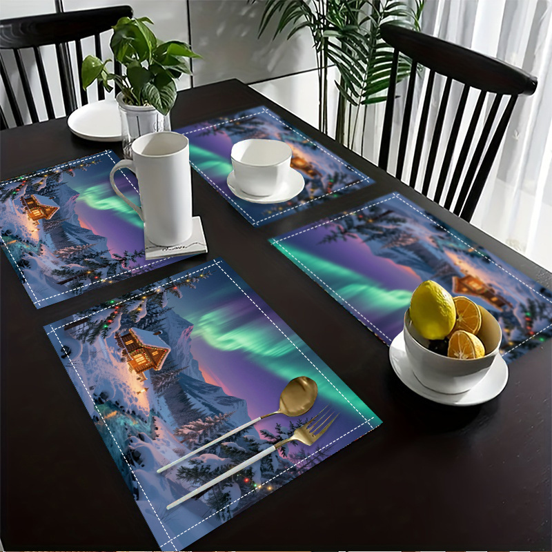 2 stuks/4 stuks/6 stuks placemats met sneeuwhut en noorderlicht - Winterthema tafeldecoratie, geschikt voor een moderne eetkamer of Scandinavische tafelsetting. Handwasbaar._voghion.com