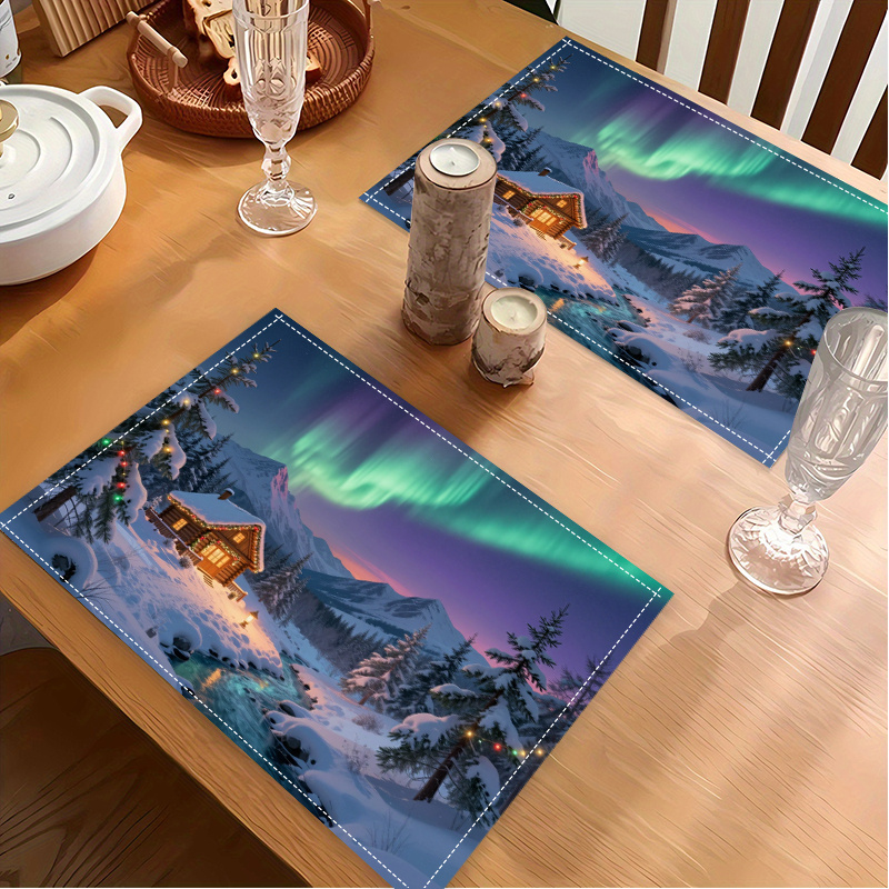 2 stuks/4 stuks/6 stuks placemats met sneeuwhut en noorderlicht - Winterthema tafeldecoratie, geschikt voor een moderne eetkamer of Scandinavische tafelsetting. Handwasbaar._voghion.com