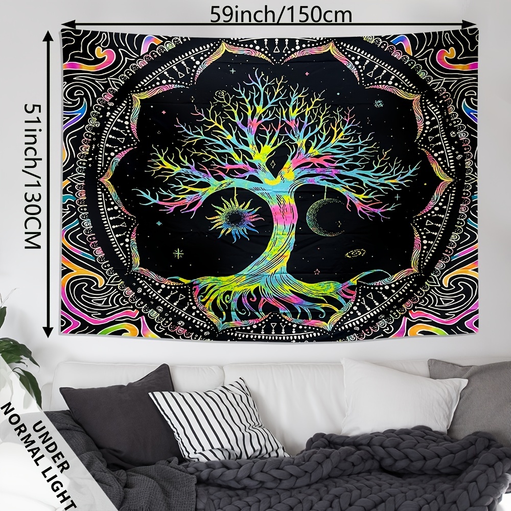 1pc Peach Light Beige 90gsm Psychedelic Tree Of Life Tapestry Neon Glow In The Dark UV Black Light Wall Hanging For Bedroom Decor Wall Art_voghion.com