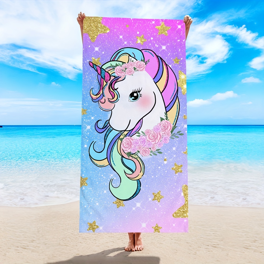 1pc Pink Unicorn Beach Towel, Single-Sided Print, Microfiber, Extra Thick And Large Size_voghion.com