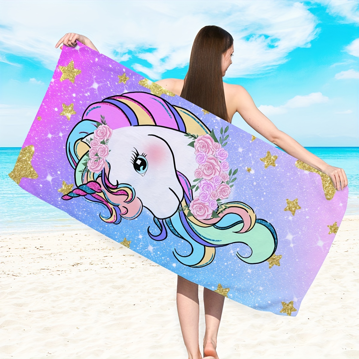1pc Pink Unicorn Beach Towel, Single-Sided Print, Microfiber, Extra Thick And Large Size_voghion.com