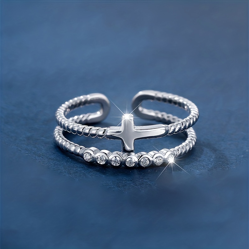 S925 Sterling Silver Cross Double-layered Open Ring_voghion.com