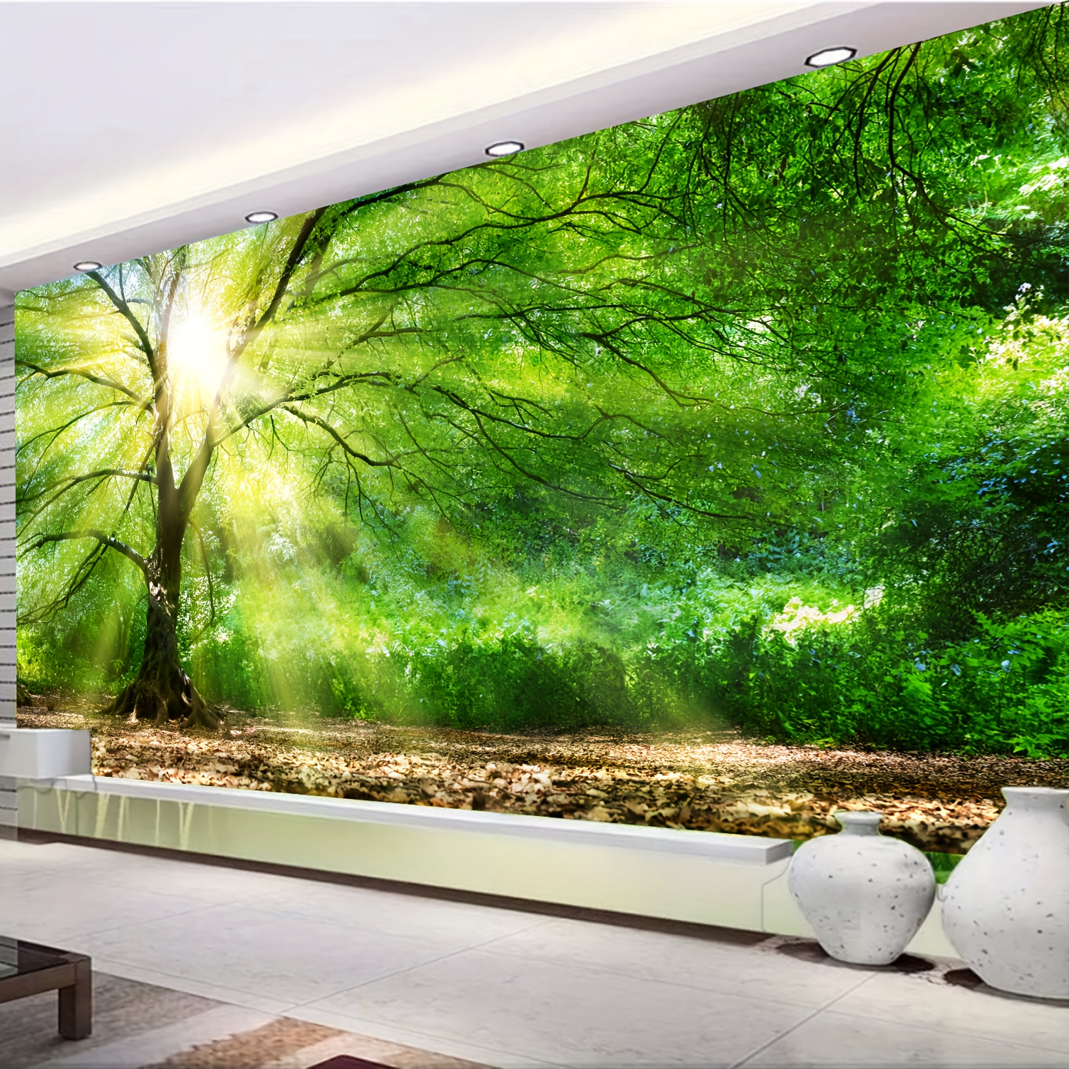 1 arazzo da parete grande in poliestere con paesaggio primaverile soleggiato nella foresta, ideale per soggiorno, camera da letto e decorazione della casa, con clip incluse._voghion.com