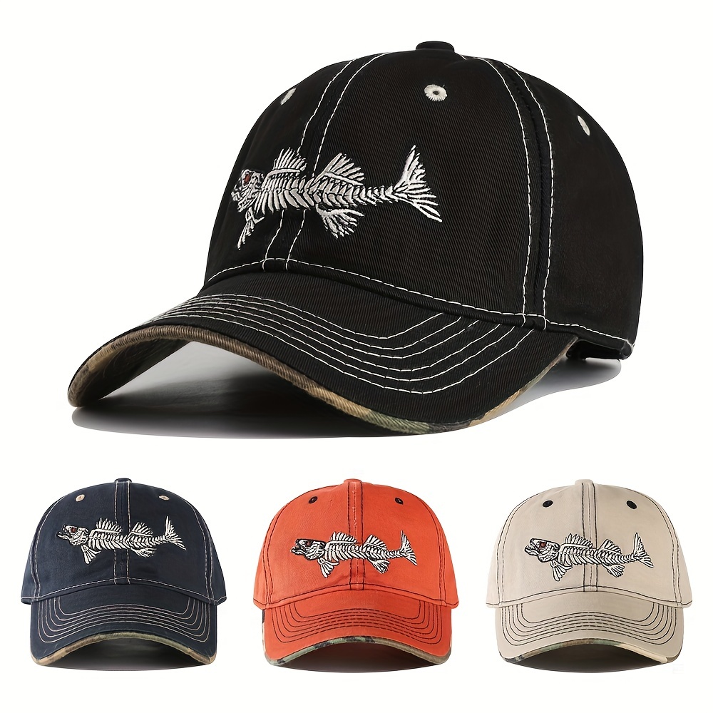 New Firm 3D Fishbone Embroidered Baseball Cap Men's Wide Brim Fishing Hiking Climbing Hunting Unisex Breathable Four_voghion.com
