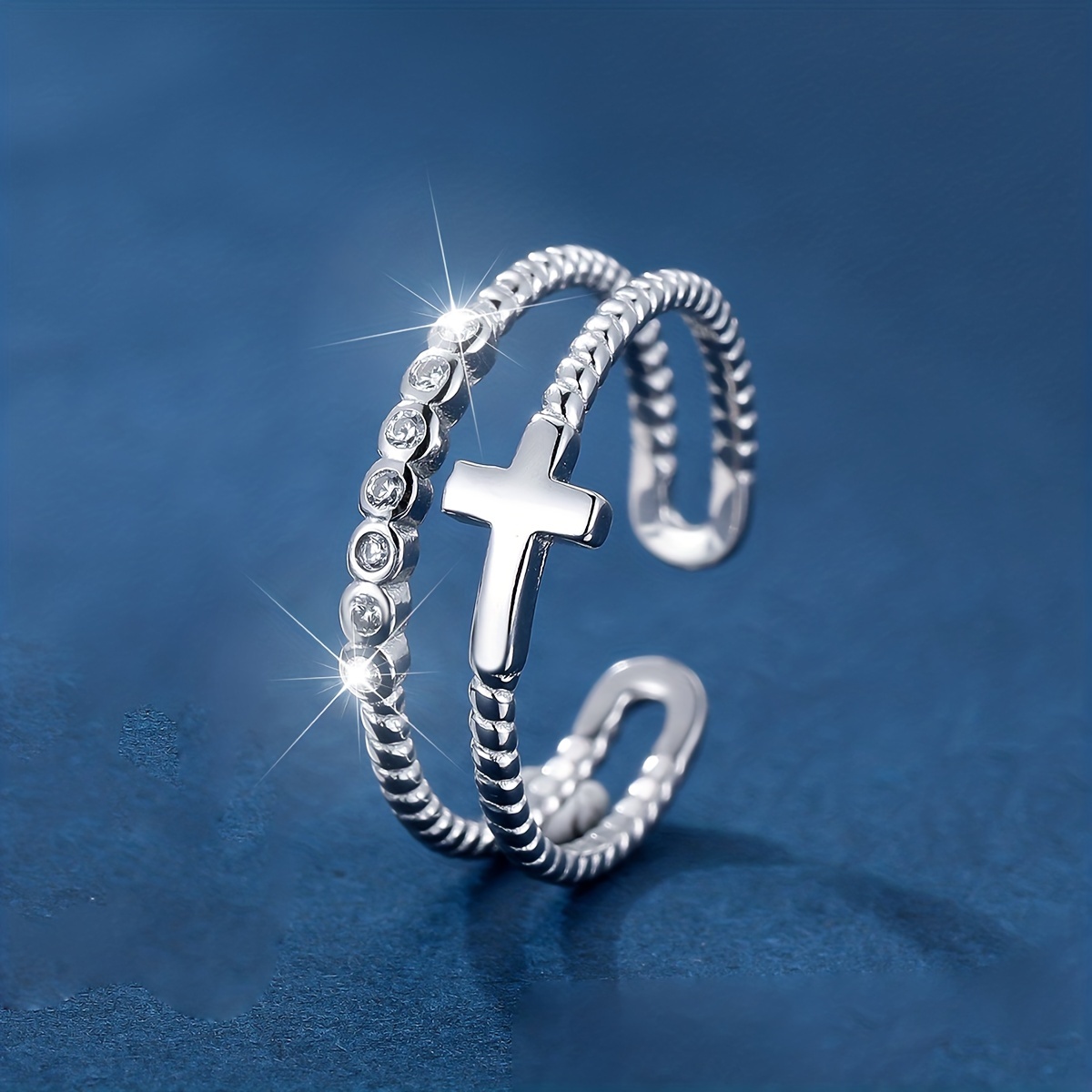 S925 Sterling Silver Cross Double-layered Open Ring_voghion.com