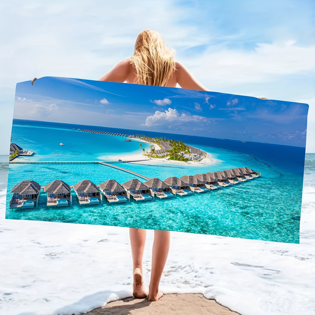 Serviette de plage absorbante à séchage rapide, motif paysage de plage, peignoir de sport pour femme, idéal pour la plage, la piscine et le bord de mer._voghion.com