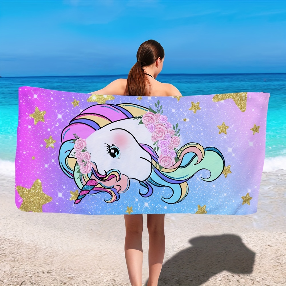 1pc Pink Unicorn Beach Towel, Single-Sided Print, Microfiber, Extra Thick And Large Size_voghion.com