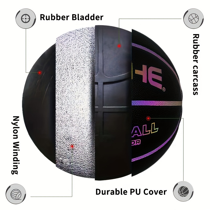 Profesjonalna piłka do koszykówki na zewnątrz/w hali – jednoczęściowa piłka treningowa z neonowym, świecącym logo – wytrzymały, czarny kosz do użytku na zewnątrz i wewnątrz_voghion.com