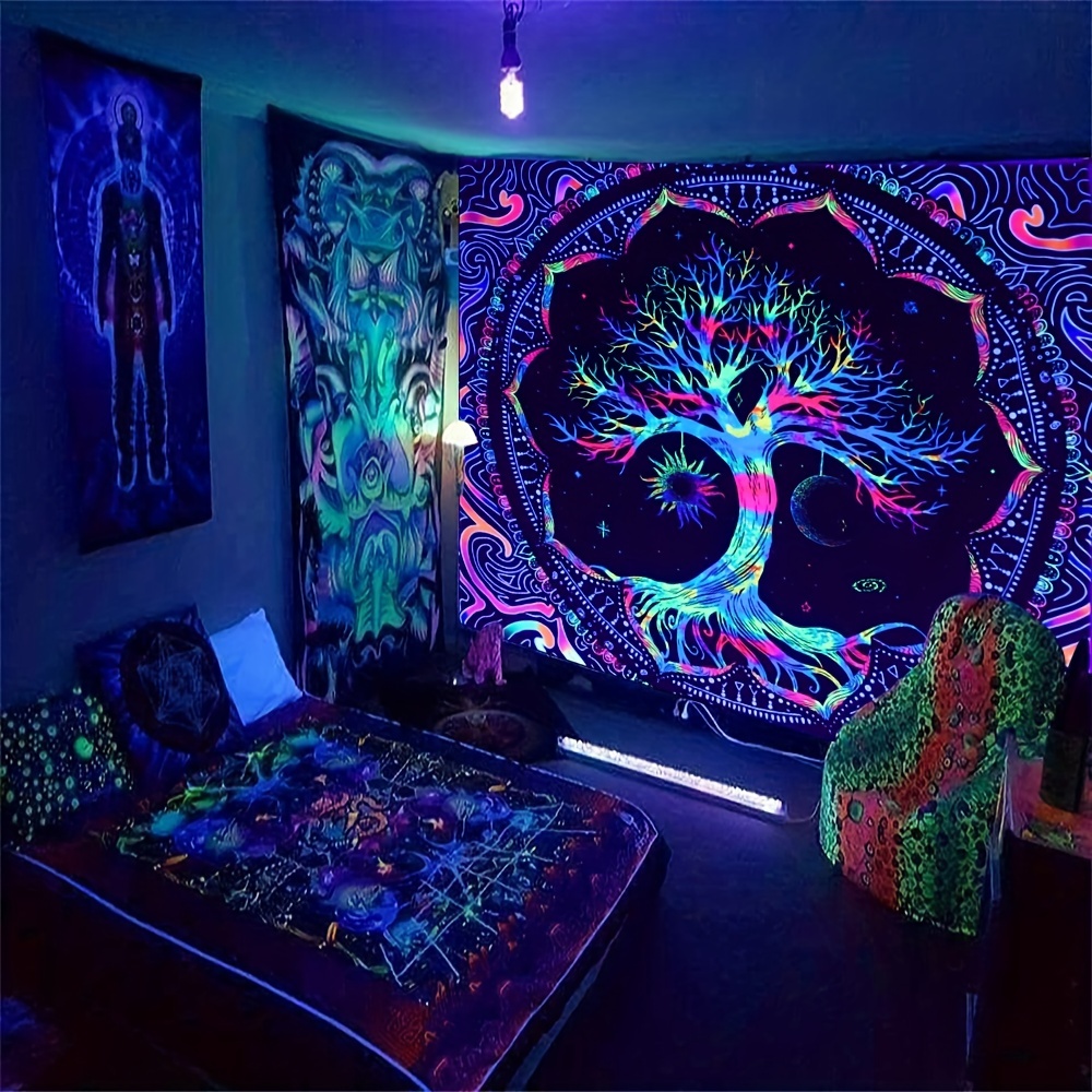 1pc Peach Light Beige 90gsm Psychedelic Tree Of Life Tapestry Neon Glow In The Dark UV Black Light Wall Hanging For Bedroom Decor Wall Art_voghion.com