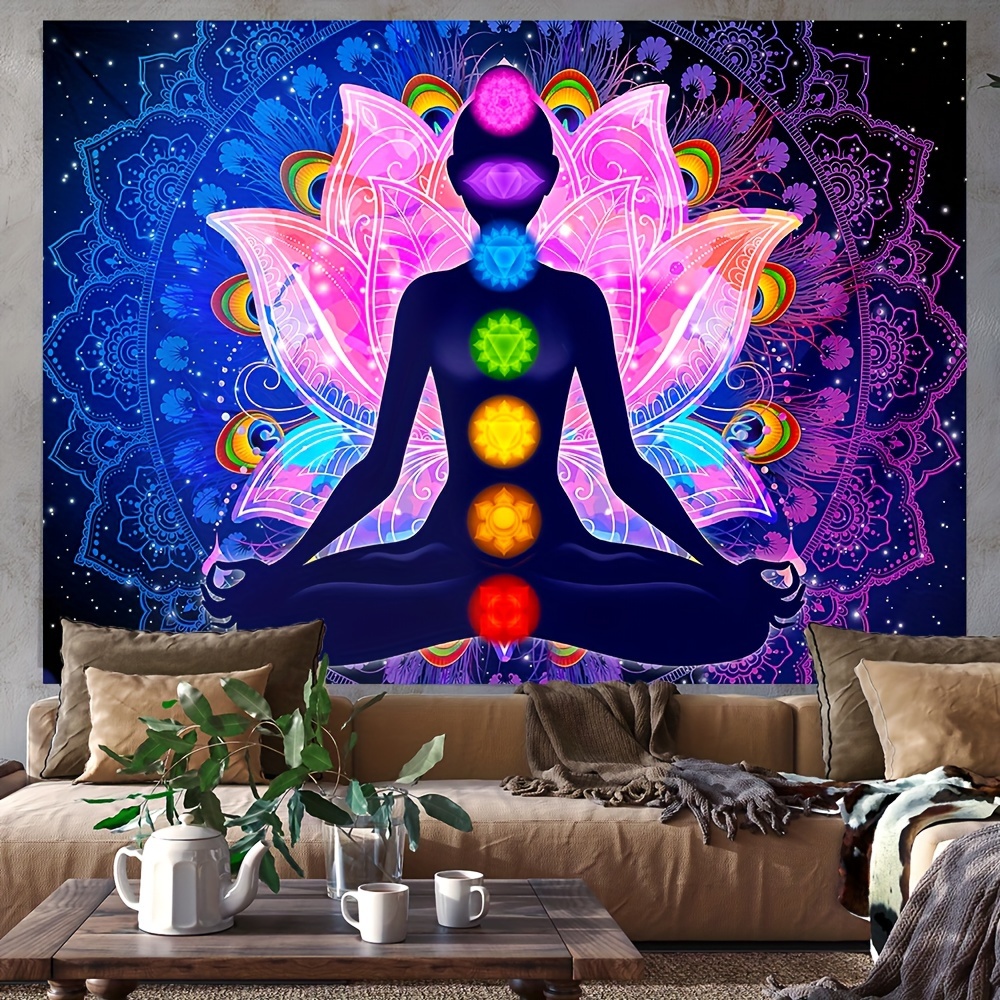 UV-zwartlichtreactief wandtapijt met zeven chakra's, Boheemse mandala, 1 stuk, yoga- en meditatietapijt, kleurrijk fluorescerend, voor slaapkamer en woonkamerdecoratie._voghion.com