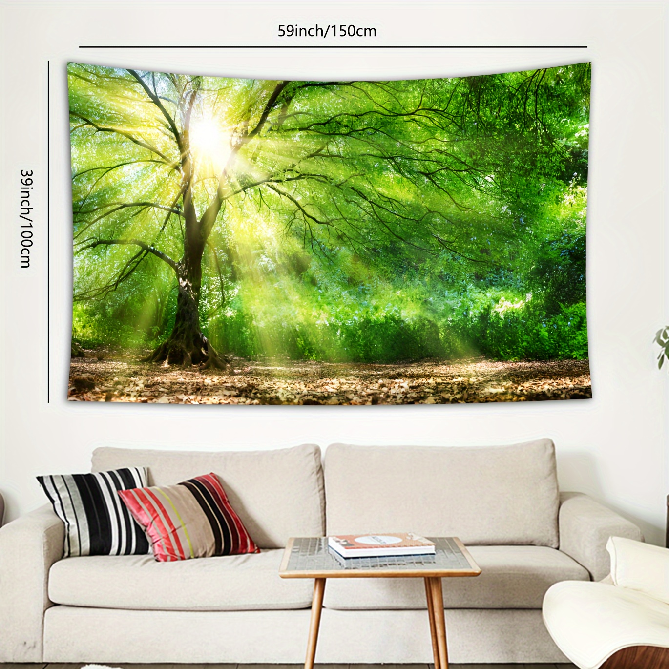 1 arazzo da parete grande in poliestere con paesaggio primaverile soleggiato nella foresta, ideale per soggiorno, camera da letto e decorazione della casa, con clip incluse._voghion.com