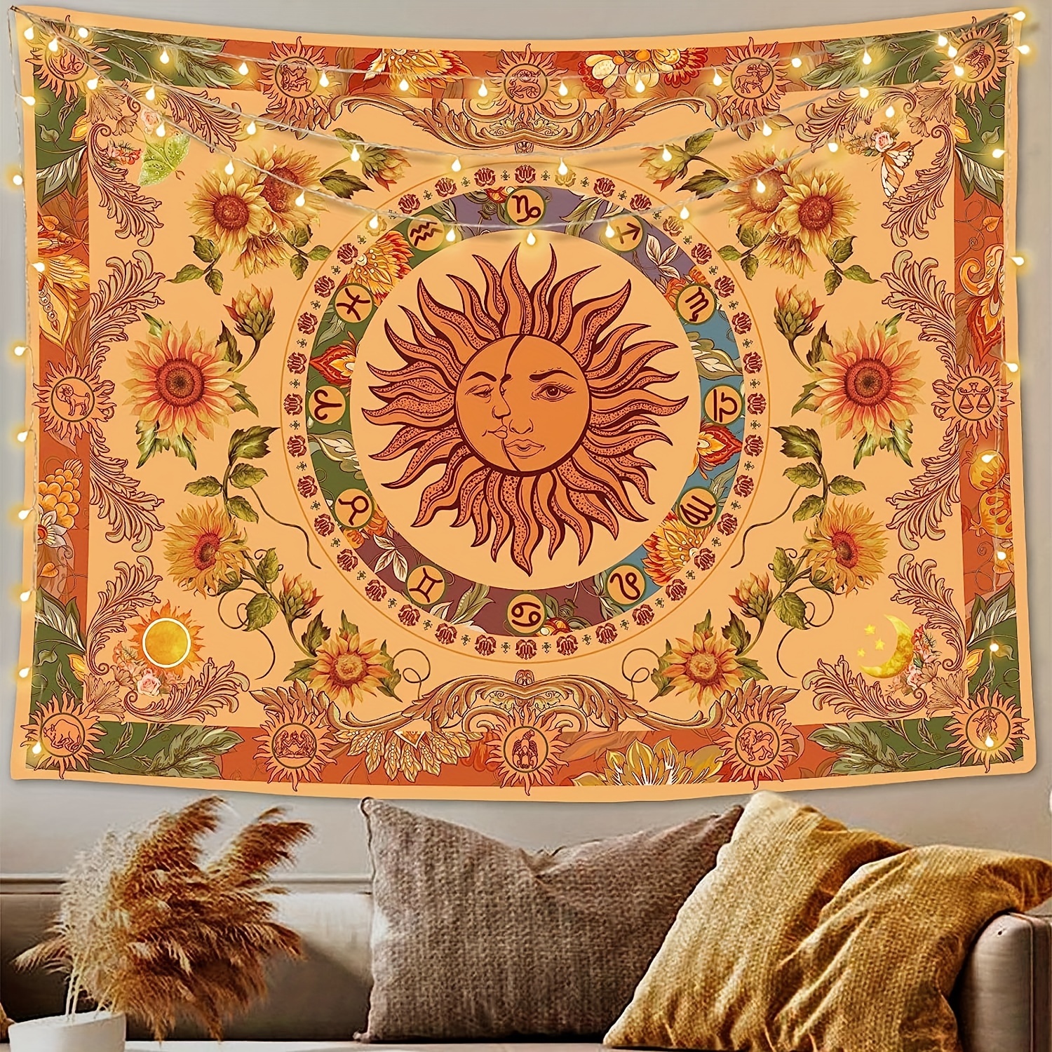 Vintage Bohemian Yellow Sun And Moon Tapestry Sunflower Butterfly Moth Constellation Aesthetic Wall Hanging For Bedroom Dorm Living Room Orange_voghion.com