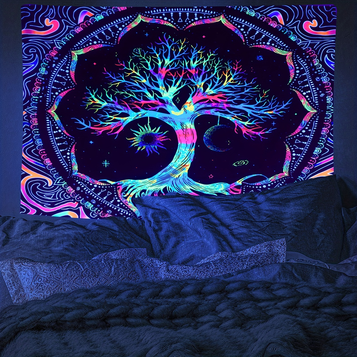 1pc Peach Light Beige 90gsm Psychedelic Tree Of Life Tapestry Neon Glow In The Dark UV Black Light Wall Hanging For Bedroom Decor Wall Art_voghion.com