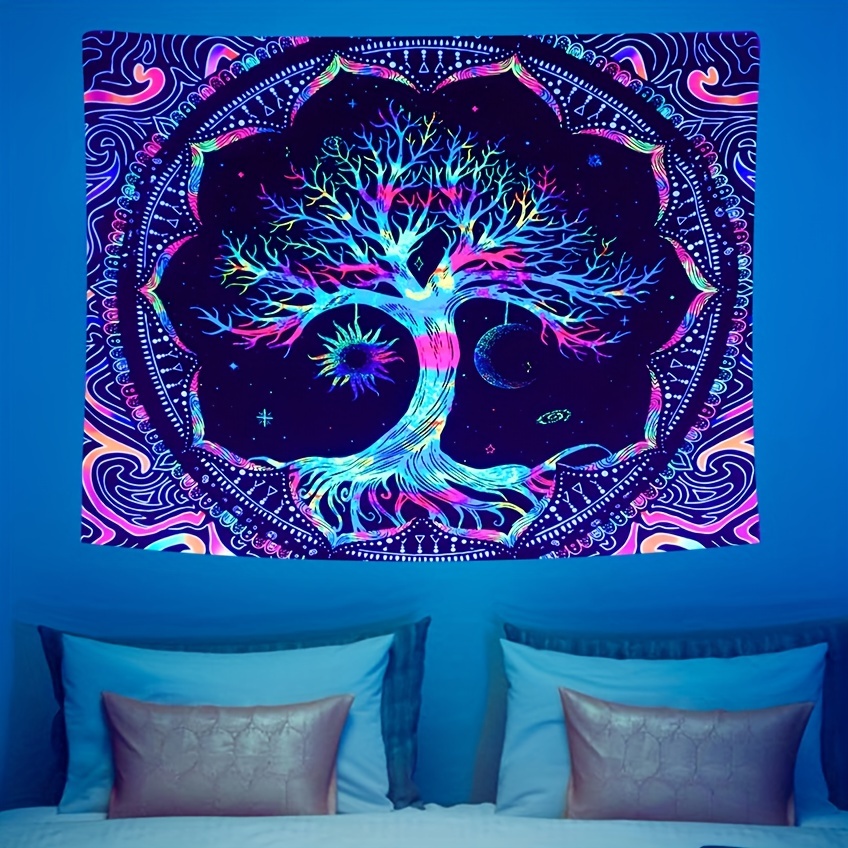 1pc Peach Light Beige 90gsm Psychedelic Tree Of Life Tapestry Neon Glow In The Dark UV Black Light Wall Hanging For Bedroom Decor Wall Art_voghion.com