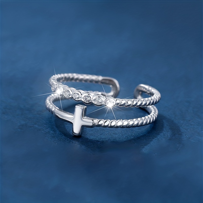 S925 Sterling Silver Cross Double-layered Open Ring_voghion.com