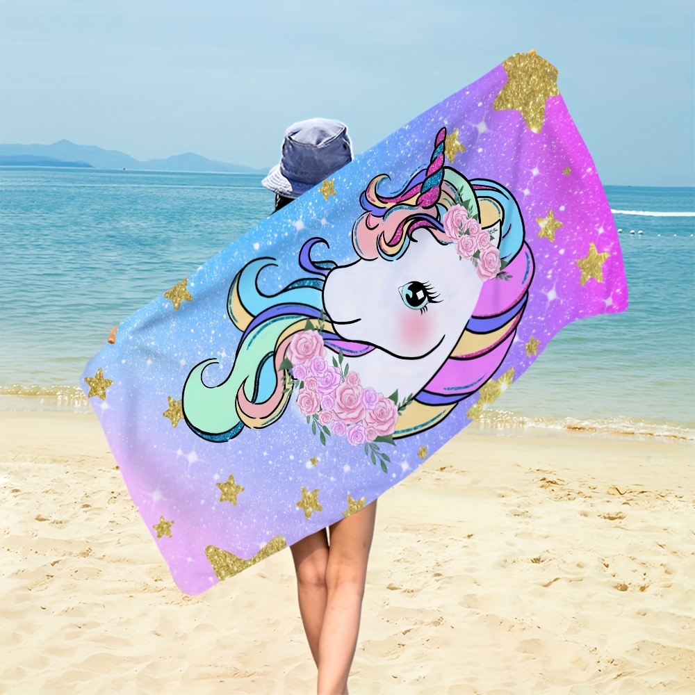 1pc Pink Unicorn Beach Towel, Single-Sided Print, Microfiber, Extra Thick And Large Size_voghion.com