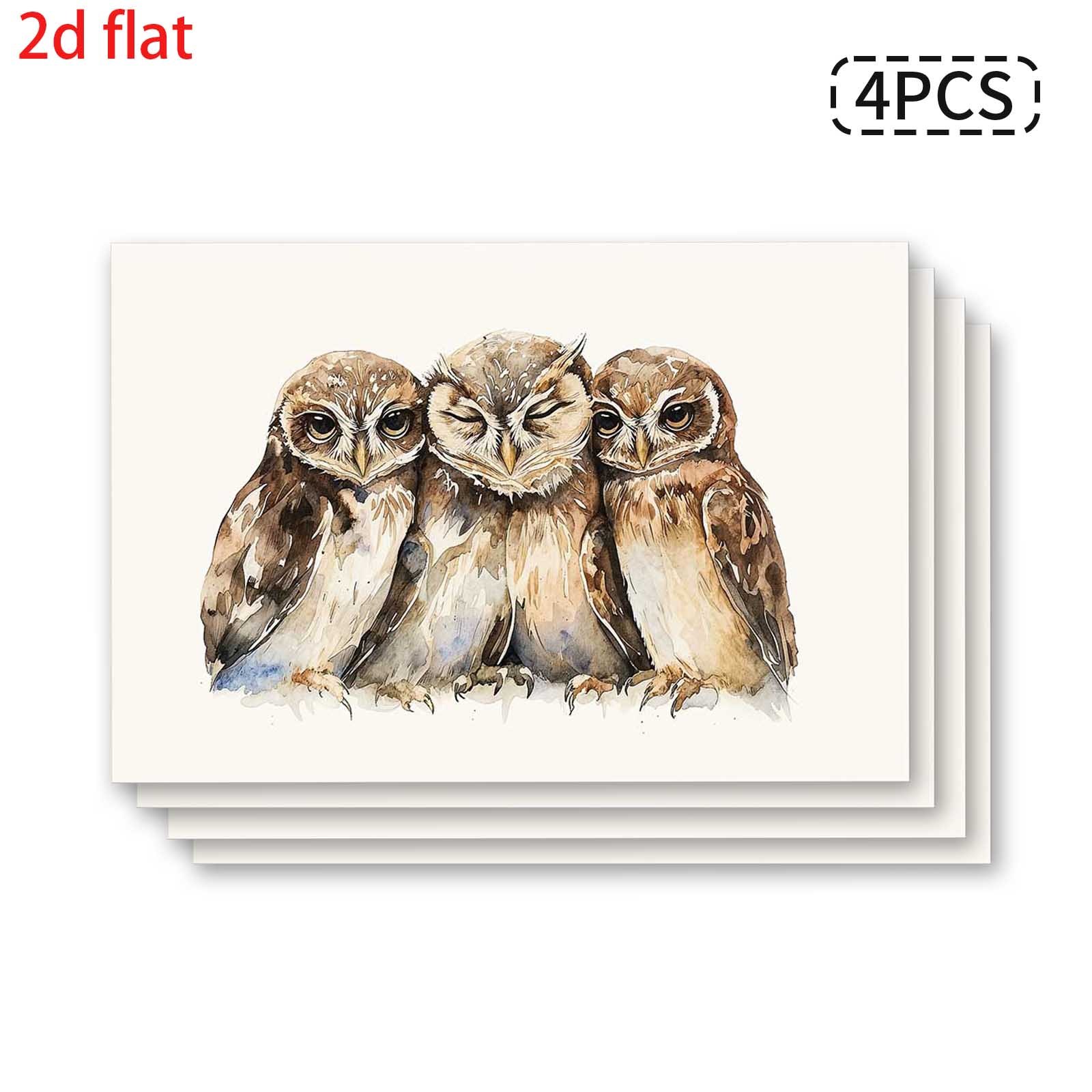 4pcs Three Watercolor Owls Placemats Set, With As The Base Color, Paired With Three Cute Watercolor Style Owls Soft And Healing Shape Warm And Elegant_voghion.com