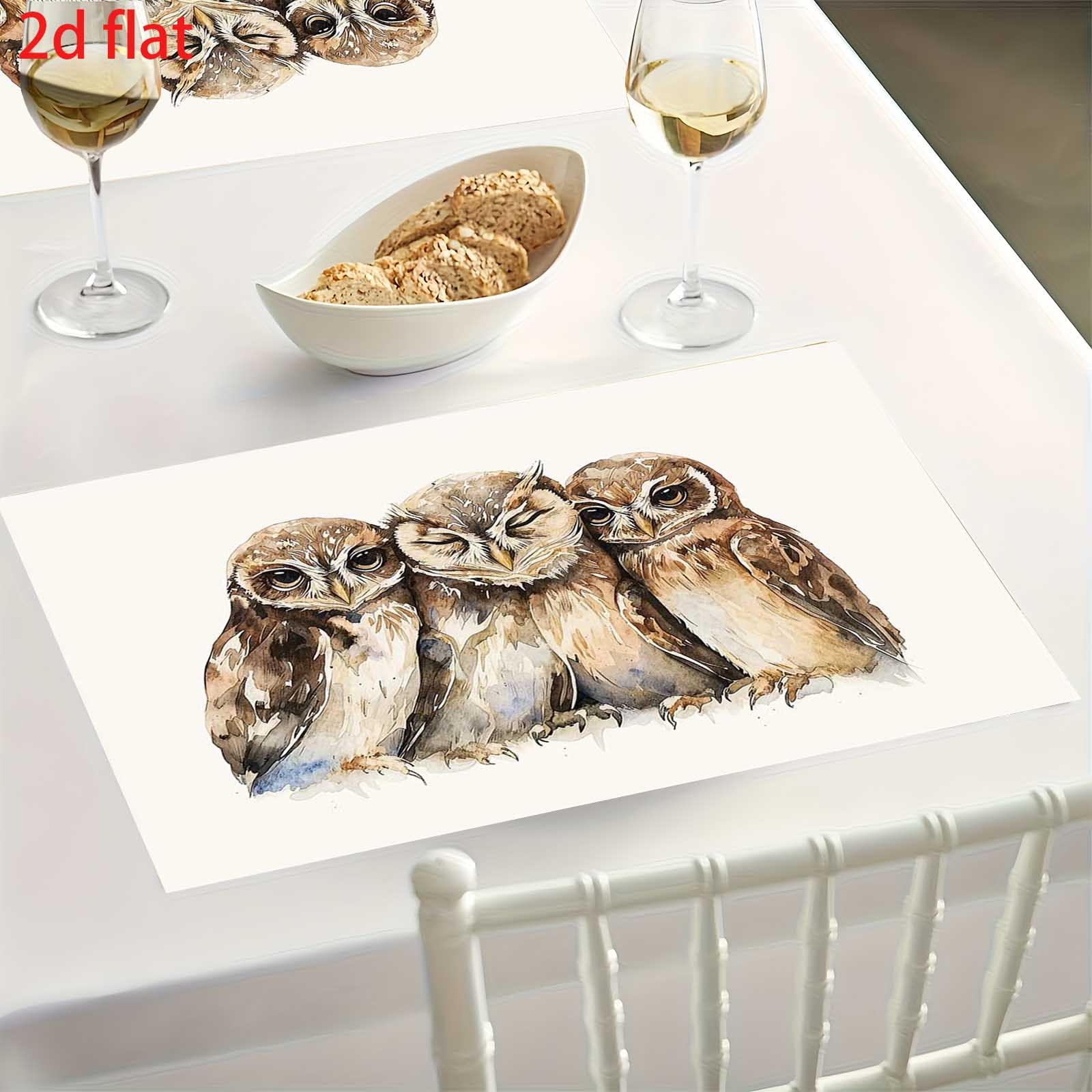 4pcs Three Watercolor Owls Placemats Set, With As The Base Color, Paired With Three Cute Watercolor Style Owls Soft And Healing Shape Warm And Elegant_voghion.com