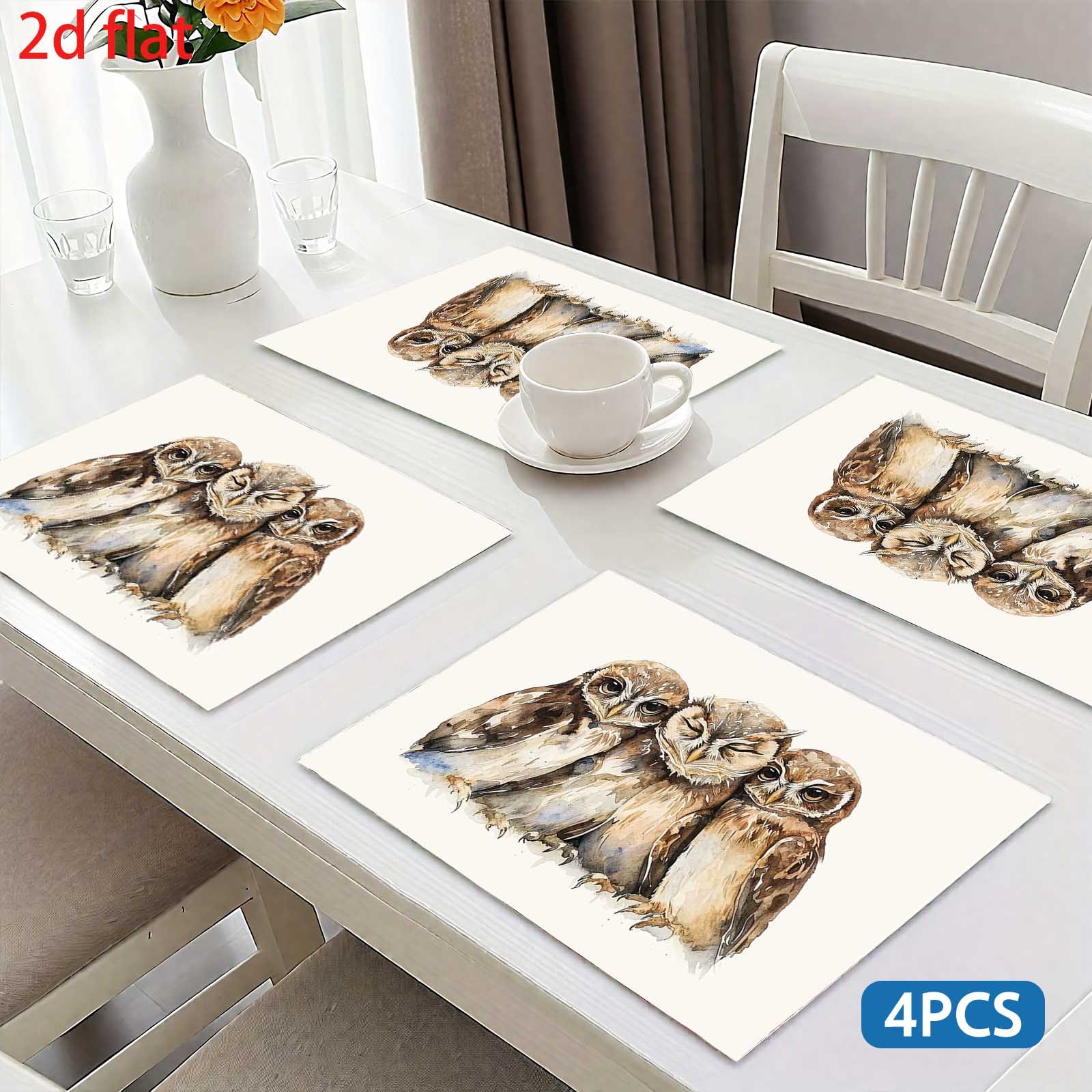 4pcs Three Watercolor Owls Placemats Set, With As The Base Color, Paired With Three Cute Watercolor Style Owls Soft And Healing Shape Warm And Elegant_voghion.com