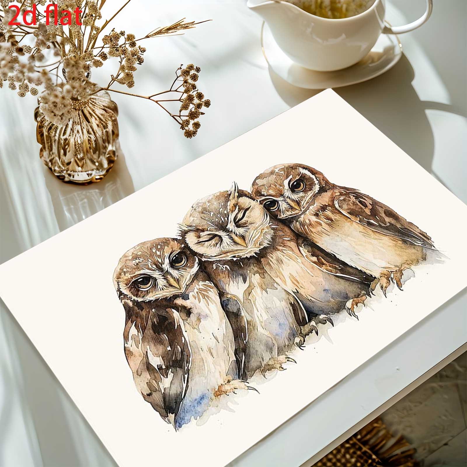 4pcs Three Watercolor Owls Placemats Set, With As The Base Color, Paired With Three Cute Watercolor Style Owls Soft And Healing Shape Warm And Elegant_voghion.com