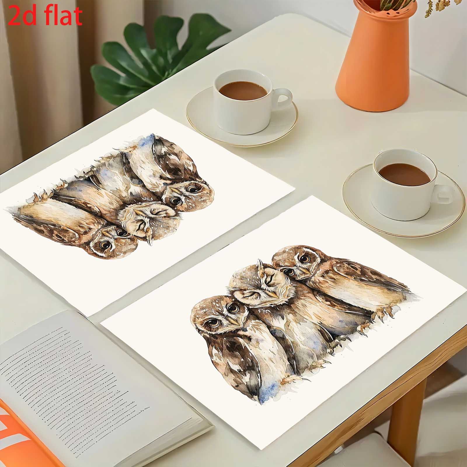 4pcs Three Watercolor Owls Placemats Set, With As The Base Color, Paired With Three Cute Watercolor Style Owls Soft And Healing Shape Warm And Elegant_voghion.com