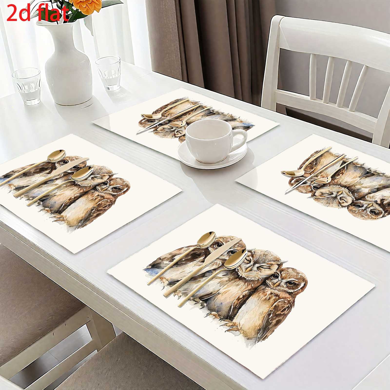 4pcs Three Watercolor Owls Placemats Set, With As The Base Color, Paired With Three Cute Watercolor Style Owls Soft And Healing Shape Warm And Elegant_voghion.com