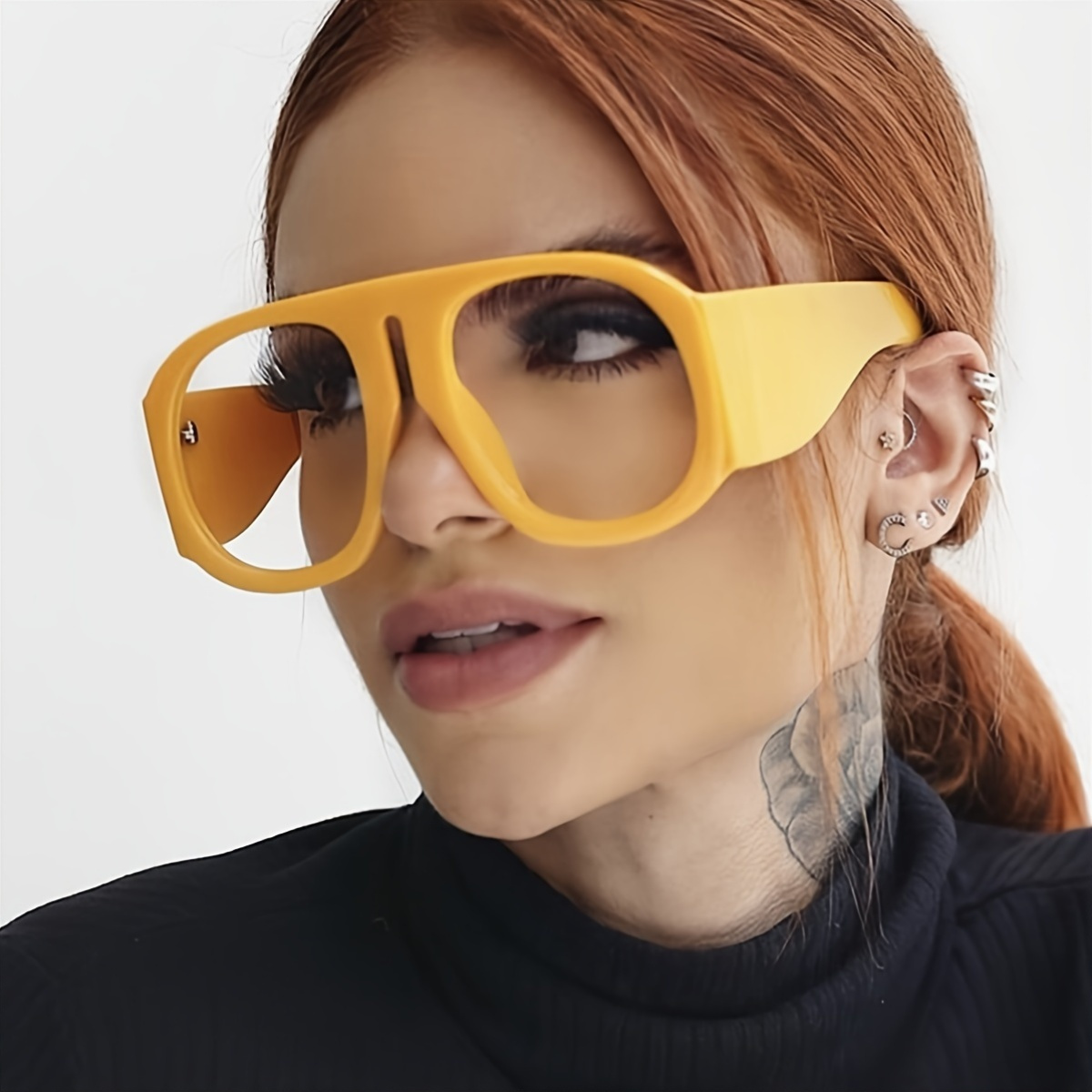 Ochelari de soare cu ramă ovală din PC, stil vintage, cu ramă completă - Ochelari unisex la modă, streetwear, cu balamale metalice, fără sticlă_voghion.com