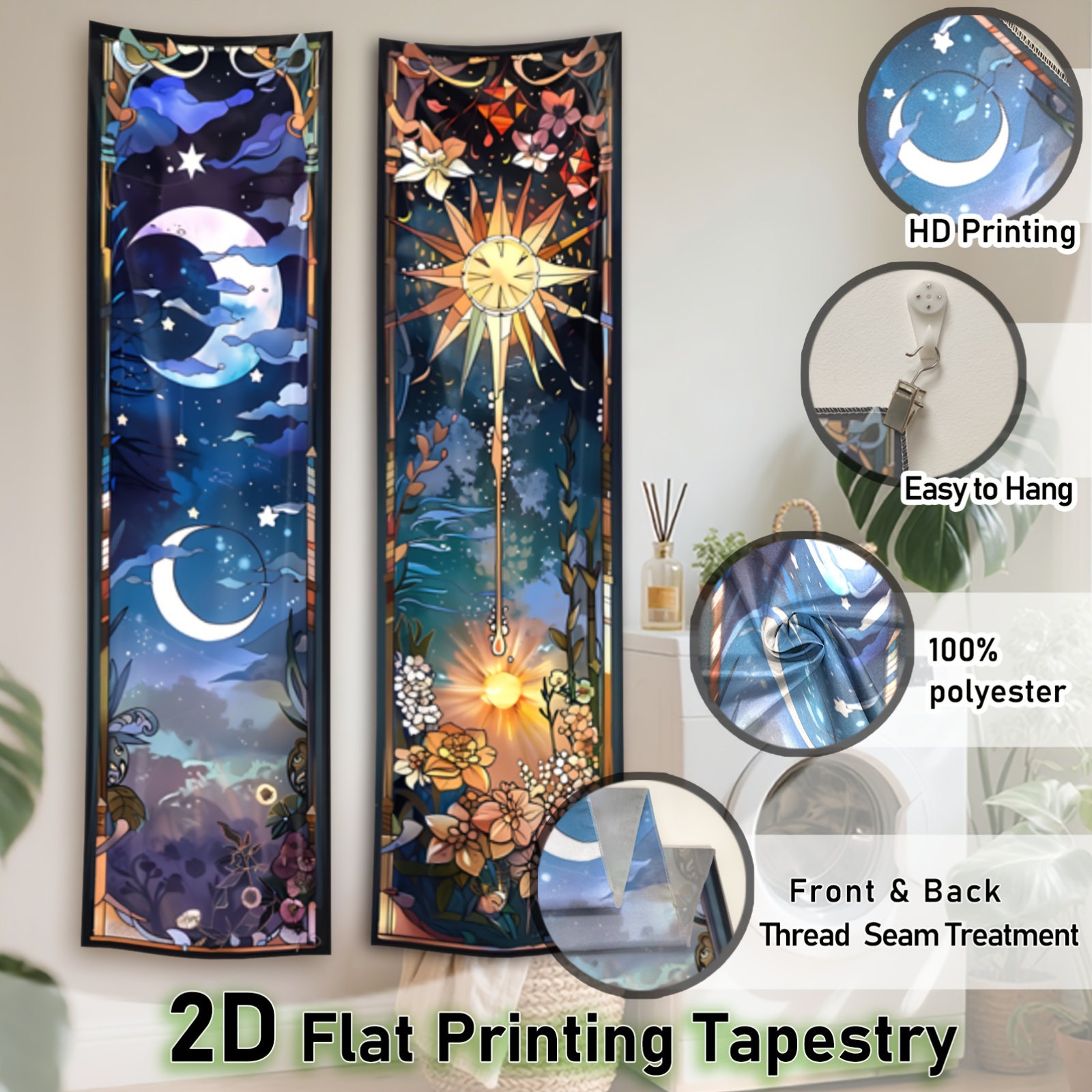 2 Pieces 2D Flat Vertical Banner Tapestry Sun And Moon Phases Design Long Narrow Wall Hanging Night Sky With Flowers Stars_voghion.com