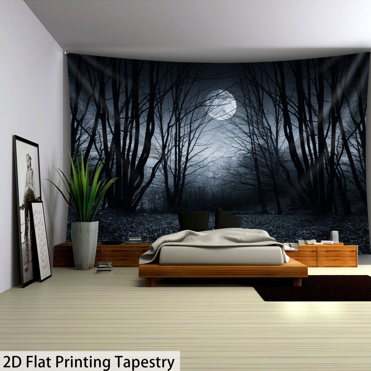 Oversized 320cm By 240cm 2D Flat Printed Tapestry Moonlit Night Eerie Forest Scene HD Digital Print Polyester Wall Hanging Home Decor_voghion.com