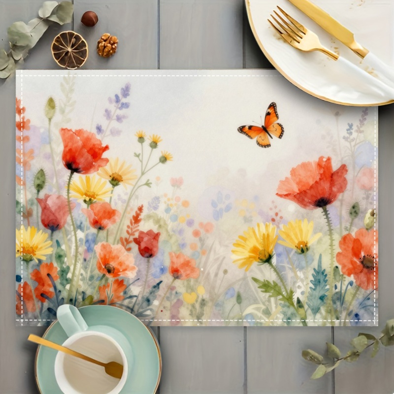Lot de 2/4/6 sets de table printaniers (impression 2D) représentant des papillons virevoltant parmi des parterres de fleurs, mesurant 29,97 x 44,96 cm. Un set de table élégant._voghion.com