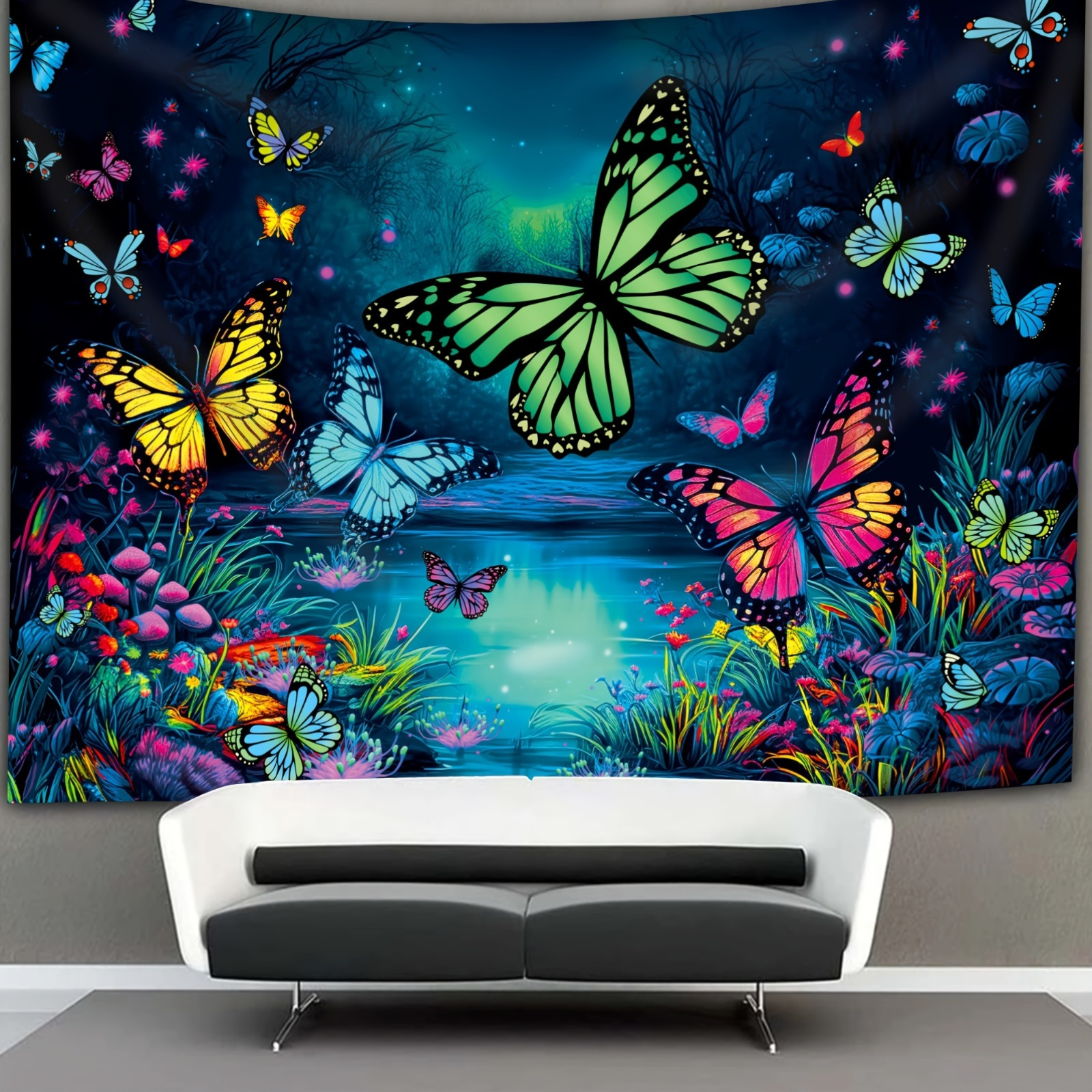 1pc Pond Butterfly UV Black Light Tapestry, Large Size Peach Skin Fluorescent Tapestry, Bedroom Aesthetic Hanging Tapestry Decor, With Free Additions_voghion.com