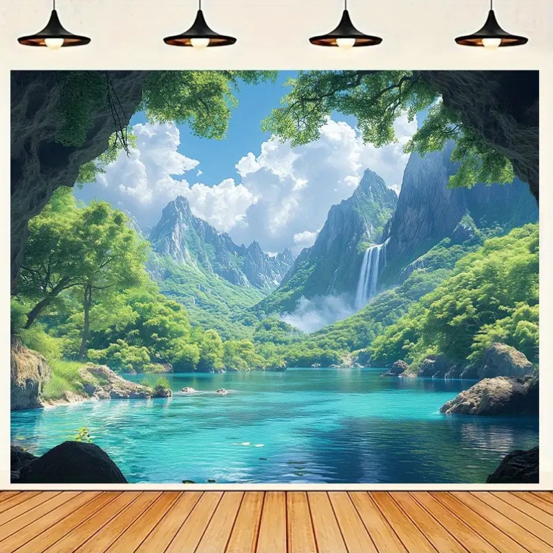 1pc Extra Large Natural Tapestry Tropical Waterfall Lush Greenery Blue Waters Easy Hang No Installation For Living Room Bedroom Party Background_voghion.com