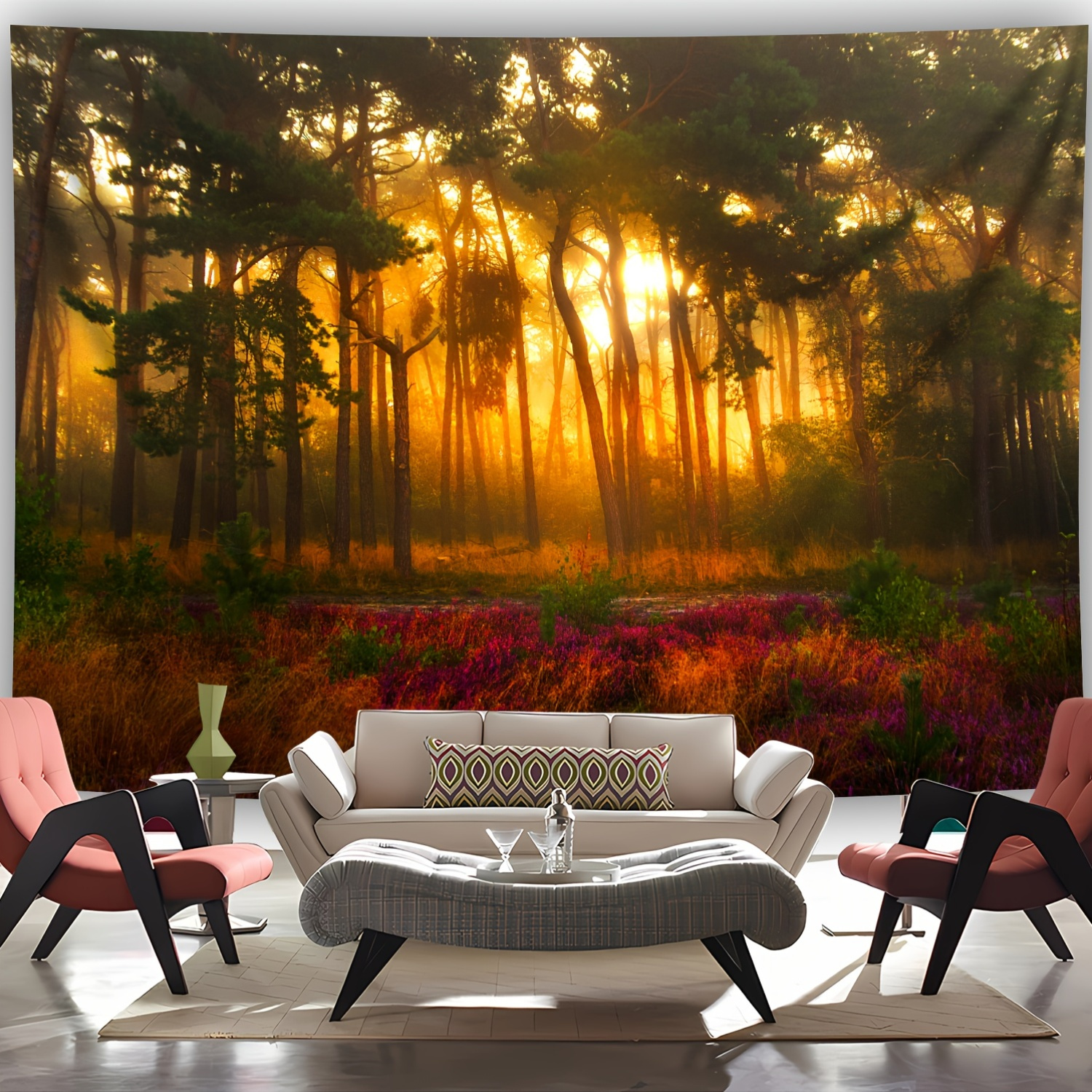 Ultra Large Mysterious Sunset Forest Landscape Polyester Tapestry 1pc Wall Hanging Decor For Home Room Party Live Streaming Background With Free Clips_voghion.com