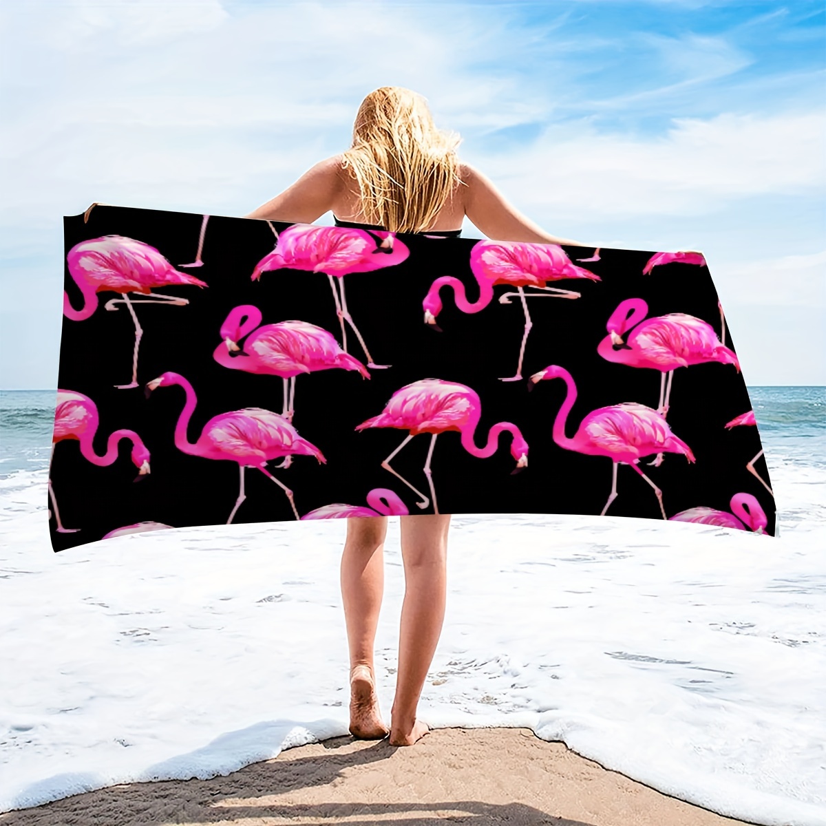 Black Background With Hand-painted Flamingo Pattern, Seaside Summer Microfiber Beach Towel, 1pc_voghion.com