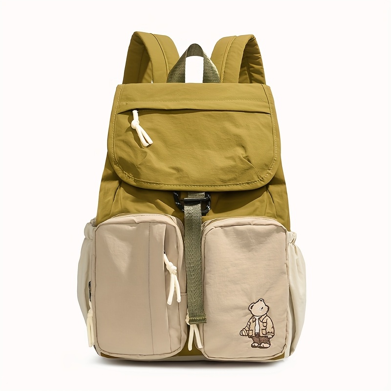 Vintage Contrast Color Bear Pattern Backpack Buckle Decor Multi Compartment Lightweight Daily Travel School Couple Laptop Rucksack_voghion.com