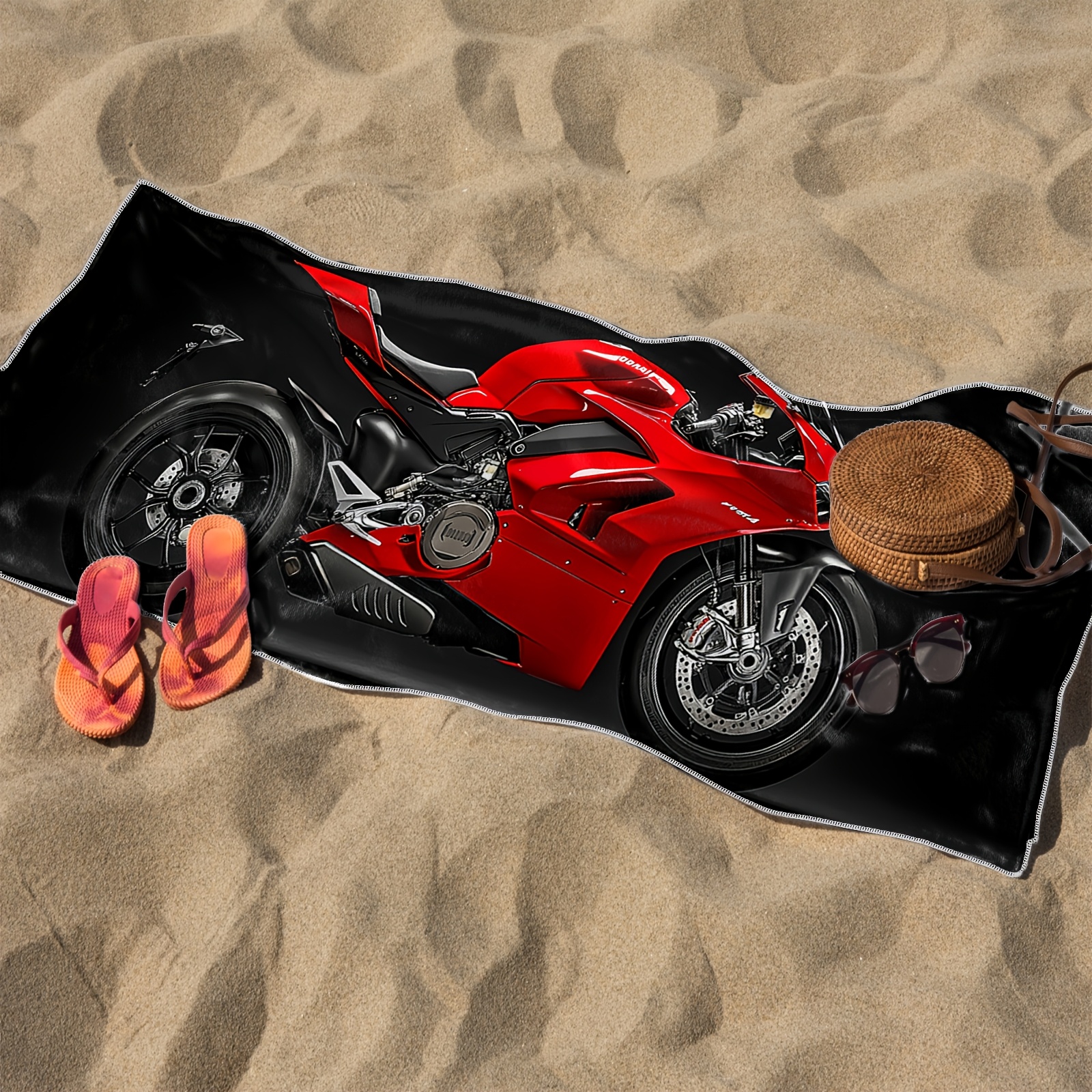 1pc Microfiber Beach Towel Red Motorcycle Black Lightweight Absorbent Suitable For Yoga Tourism Swimming Beach Fitness Camping Great Gift_voghion.com
