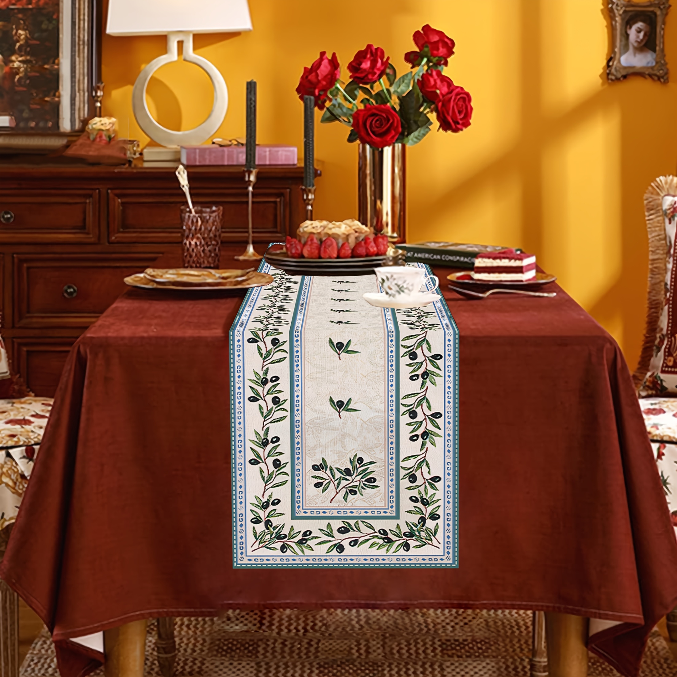 5/7pcs Olive Branch Vintage Art Pattern Table Runner And Placemats Set, Suitable For Kitchen Dining Tables And Home Decor_voghion.com